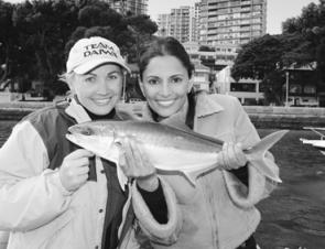 Fishing writer Leeann Payne, left, and Channel 7 Sydney Weekender presenter Sally Obermeder during a shoot for the show.